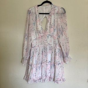 Long sleeve white dress with blue & pink flowers